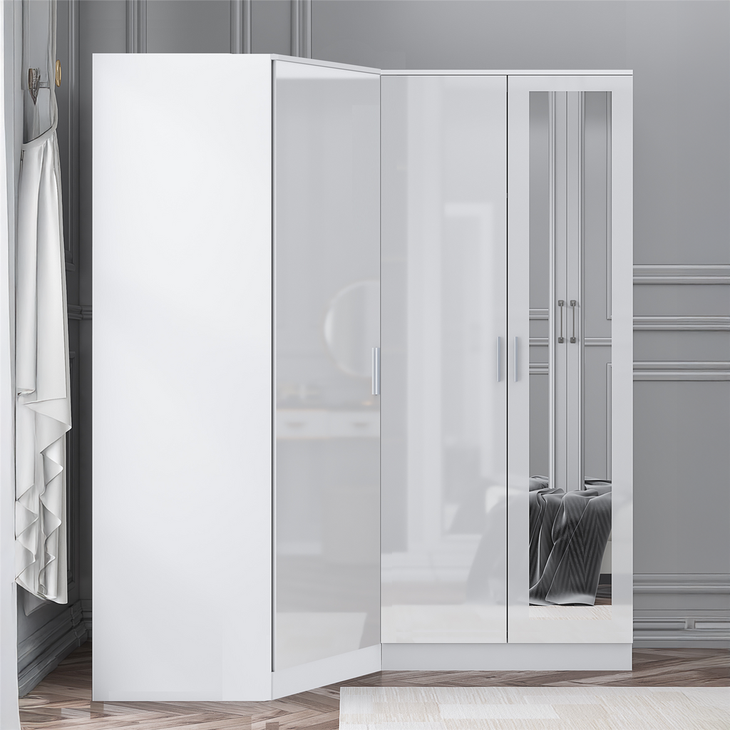 REFLECT - 1 Door Corner + 2 Door Mirror Wardrobe in Gloss White / Matt White