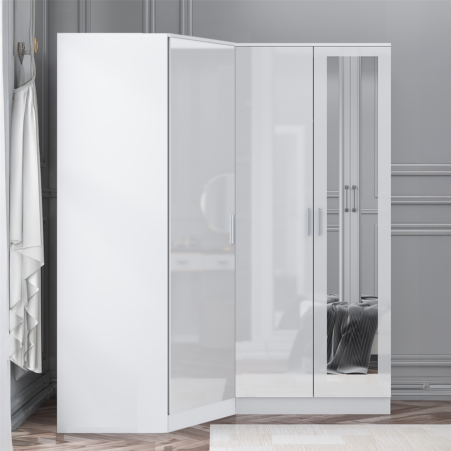 REFLECT - 1 Door Corner + 2 Door Mirror Wardrobe in Gloss White / Matt White