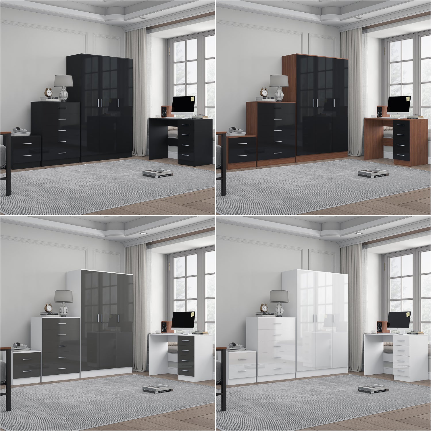 REFLECT Gloss 4pc Bedroom Set - 3 Door Wardrobe + Tall Chest + Bedside + Desk