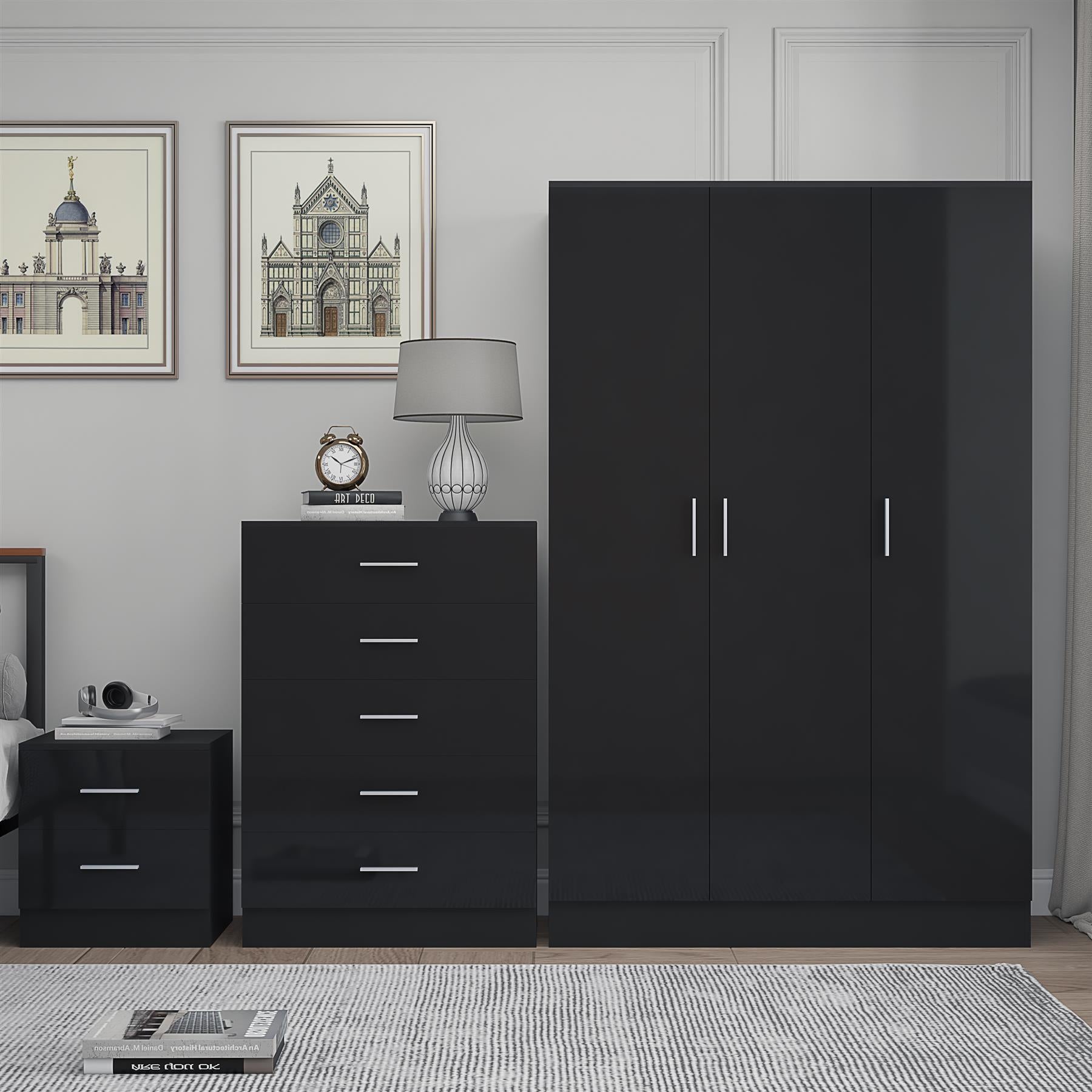 REFLECT Gloss 3pc Bedroom Set - 3 Door Wardrobe + 5 Draw Chest + Bedside