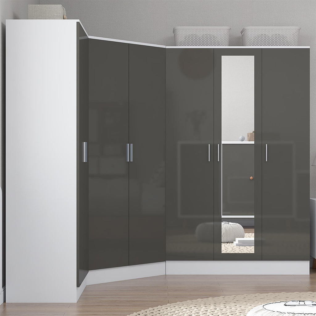 Reflect 3pc Wardrobe Bundle - 2 Door Corner + 3 Door Mirror + 2 Door Plain - Grey Gloss & Matt White