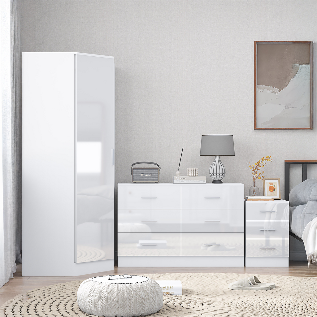 REFLECT - 1 Door Corner + 6 Drawer Chest + 3 Drawer Bedside in Gloss White / Matt White
