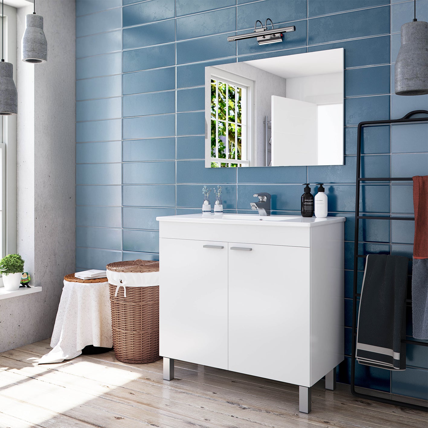 BALTIC 80cm Wide White Sink Unit 2 Door Under Basin Cabinet with Mirror.