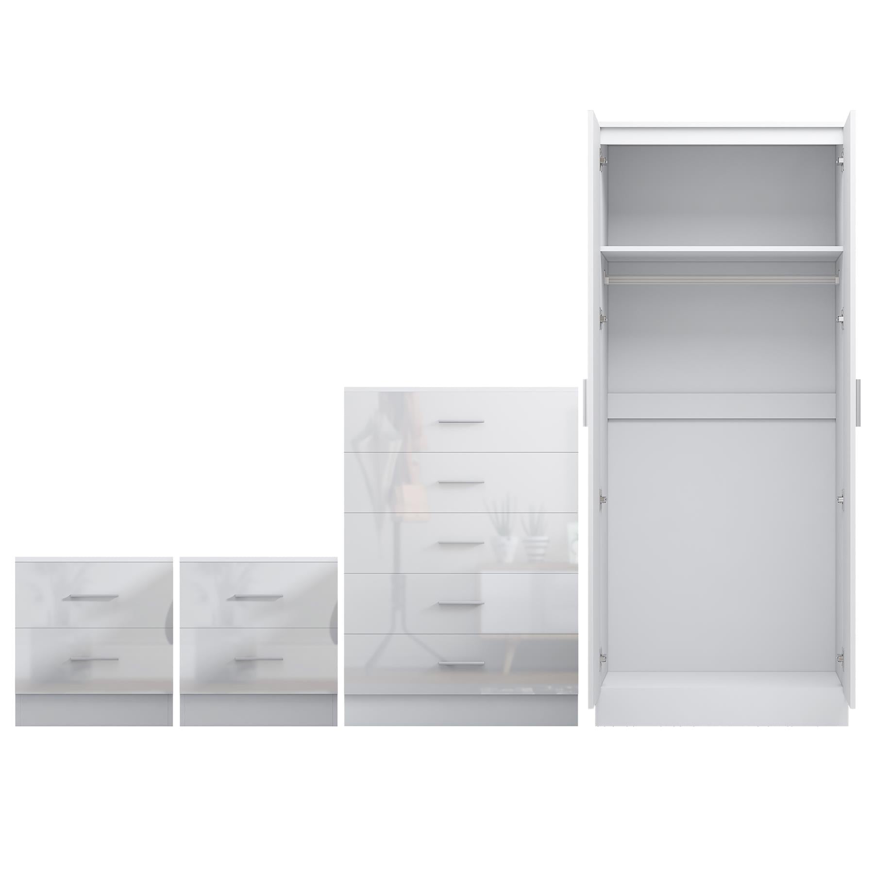 Reflect 2 Door Mirror Wardrobe, 5 Drawer Chest, 2x 2 Drawer Bedsides - White Gloss & Matt White - Modern Bedroom Furniture Set