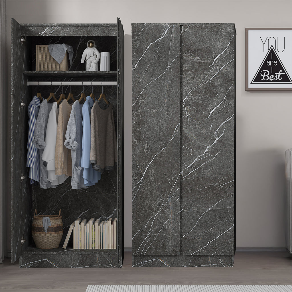 ZITA Grey Marble Effect 2 Piece Wardrobe Bundle - 2 x 2-Door Wardrobes, (L) 50cm x (W) 76cm x (H) 180cm.