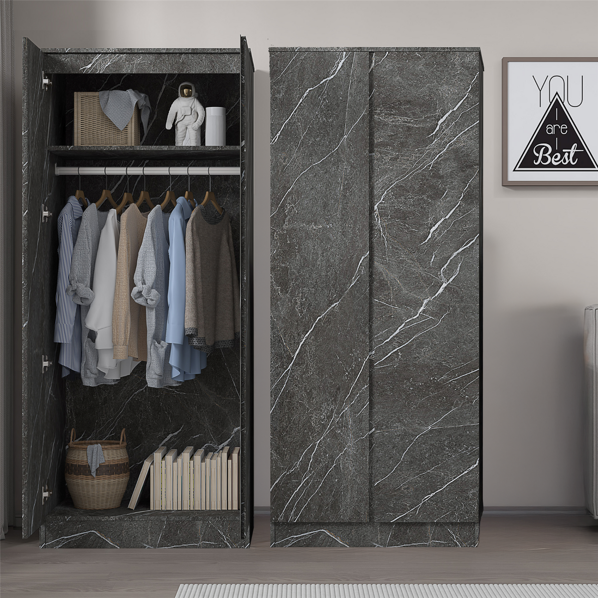 ZITA Grey Marble Effect 2 Piece Wardrobe Bundle - 2 x 2-Door Wardrobes, (L) 50cm x (W) 76cm x (H) 180cm.