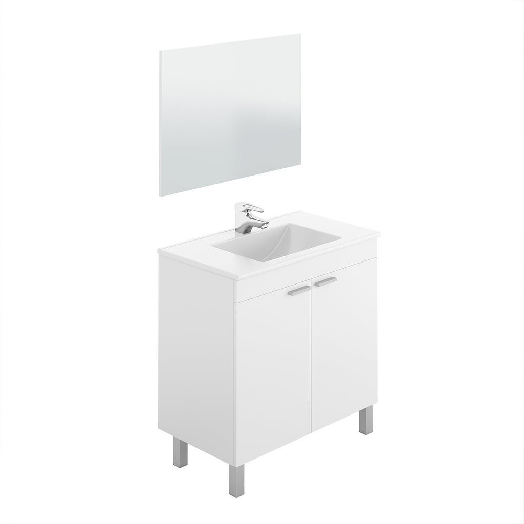 BALTIC 80cm Wide White Sink Unit 2 Door Under Basin Cabinet with Mirror.