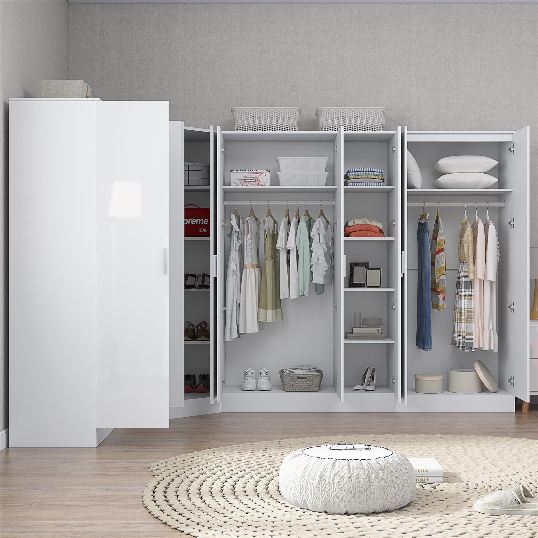 Reflect 4pc Wardrobe Bundle - 2 Door Corner + 3 Door Plain + 2x 2 Door Plain - White Gloss & Matt White