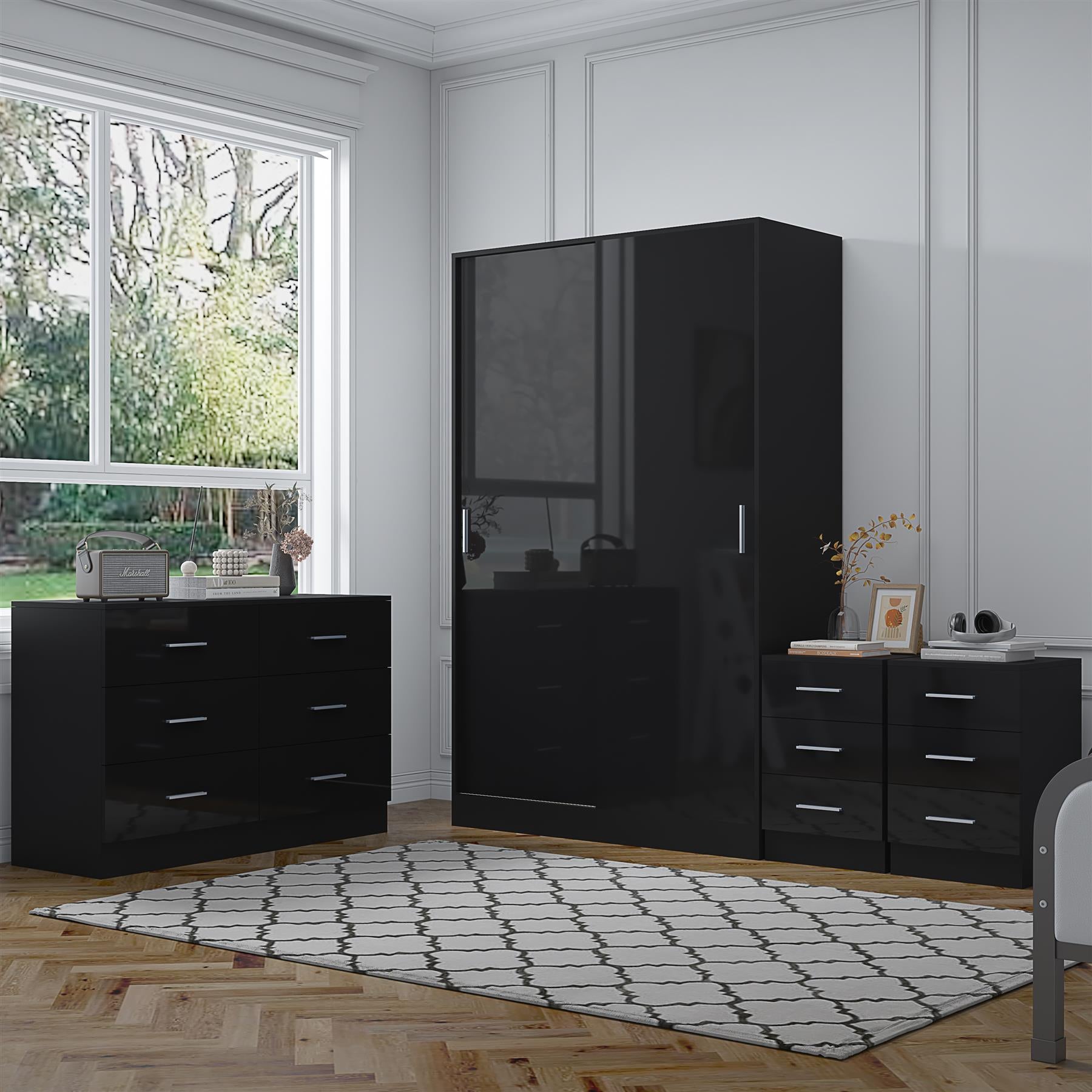 Reflect 2 Door Sliding Wardrobe, 6 Drawer Wide Chest, 2x3 Drawer Bedsides - Black Gloss & Black Oak - Modern Bedroom Furniture Set