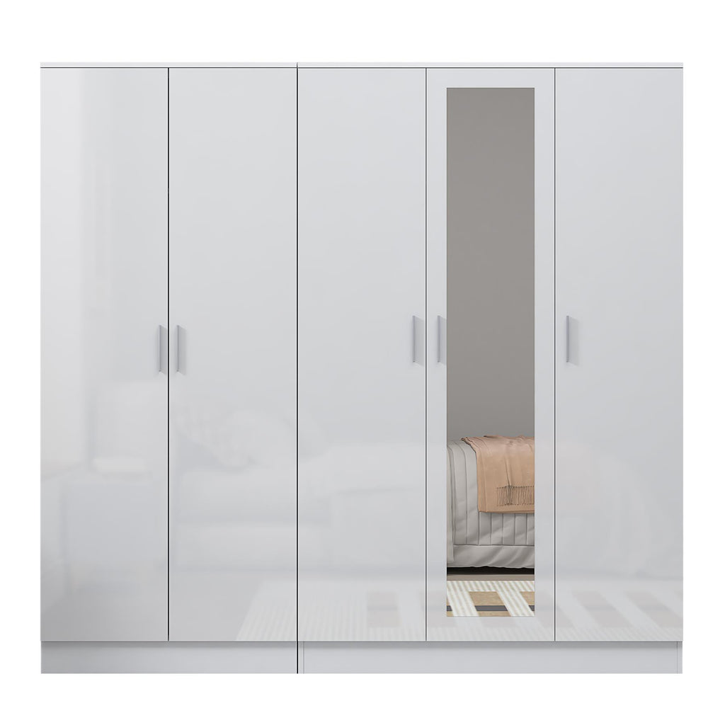 REFLECT - 3 Door MIRROR + 2 Door PLAIN Wardrobe - Gloss White / Matt White