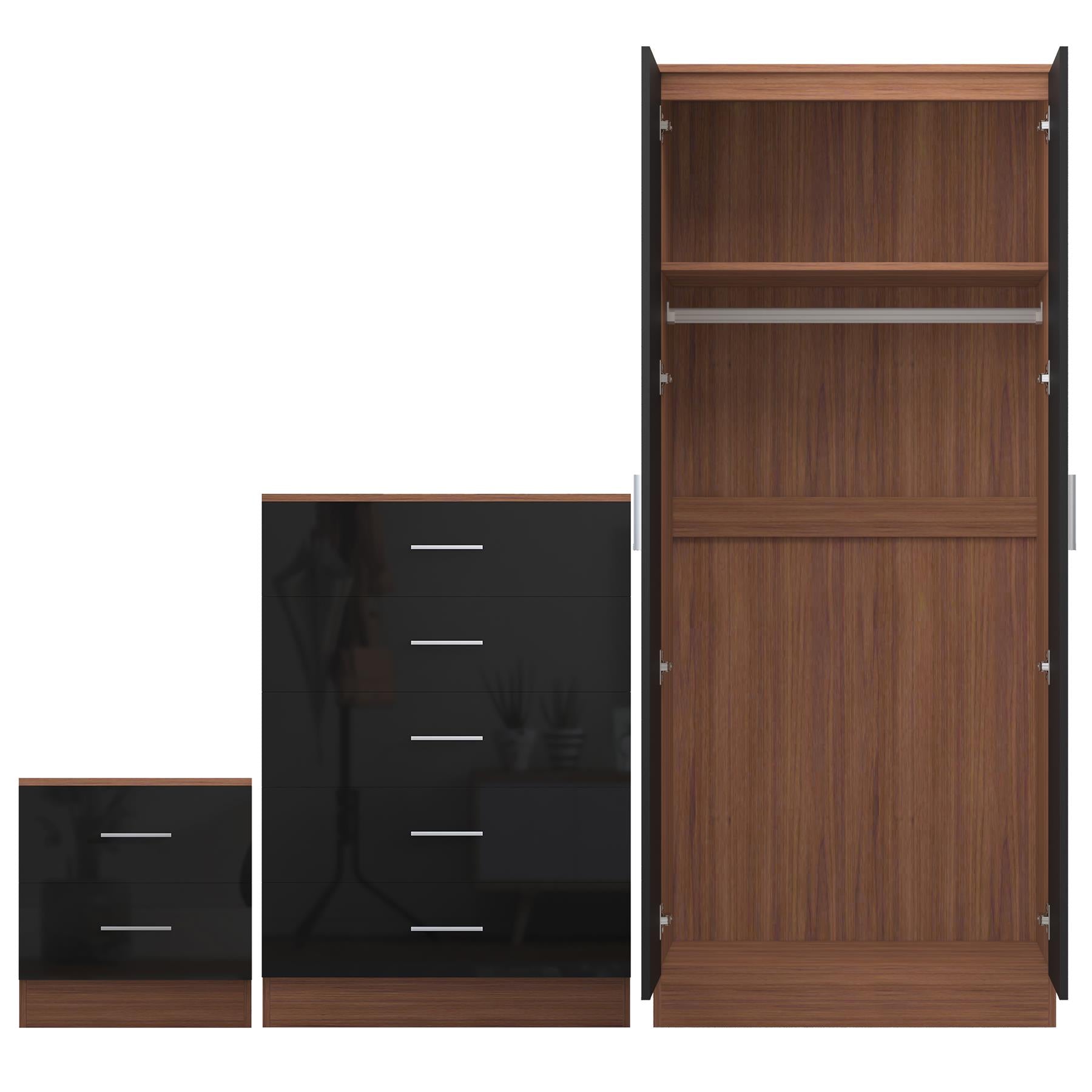 Reflect 2 Door Mirror Wardrobe, 5 Drawer Chest, 2 Drawer Bedside - Black Gloss & Walnut - Modern Bedroom Furniture Set
