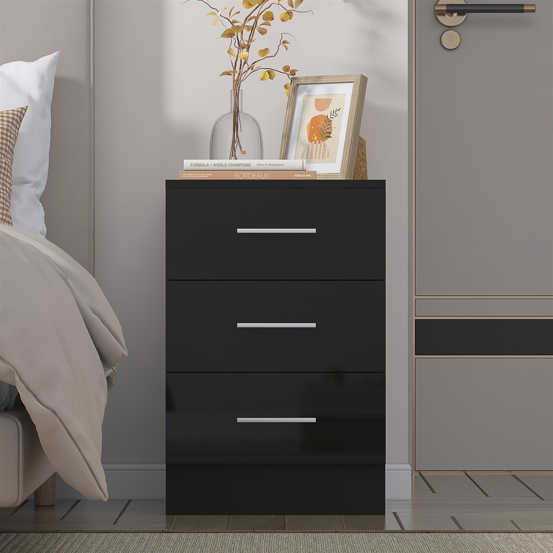 Reflect 3 Drawer Bedside - Black Gloss & Black Oak - Modern Nightstand for Bedroom Storage - H: 59.5cm x W: 39.5cm x D: 38cm