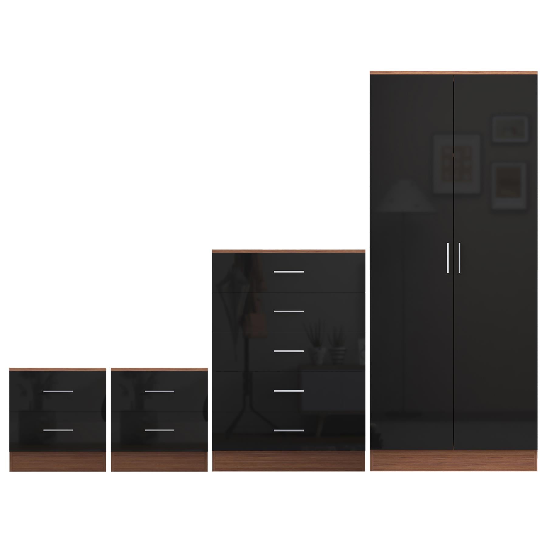 Reflect 2 Door Plain Wardrobe, 5 Drawer Chest, 2x 2 Drawer Bedsides - Black Gloss & Walnut - Modern Bedroom Furniture Set