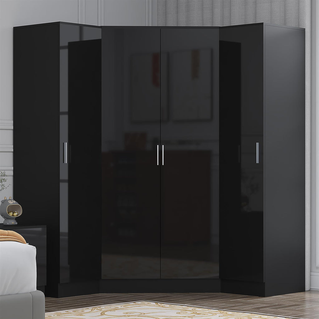 Reflect 3pc Wardrobe Bundle - 2 Door Corner + 2x 1 Door Plain - Black Gloss & Black Oak