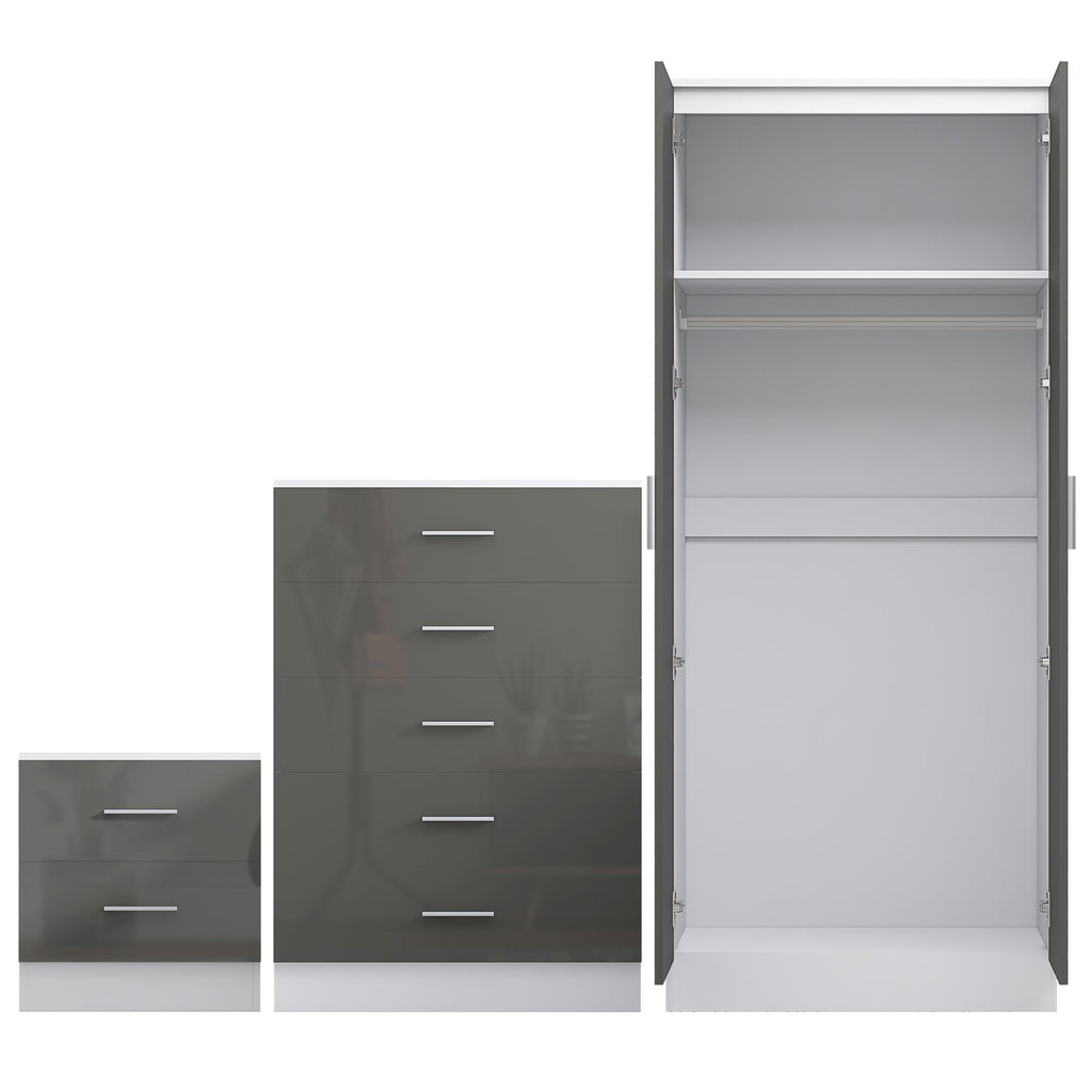 Reflect 2 Door Mirror Wardrobe, 5 Drawer Chest, 2 Drawer Bedside - Grey Gloss & Matt White - Modern Bedroom Furniture Set