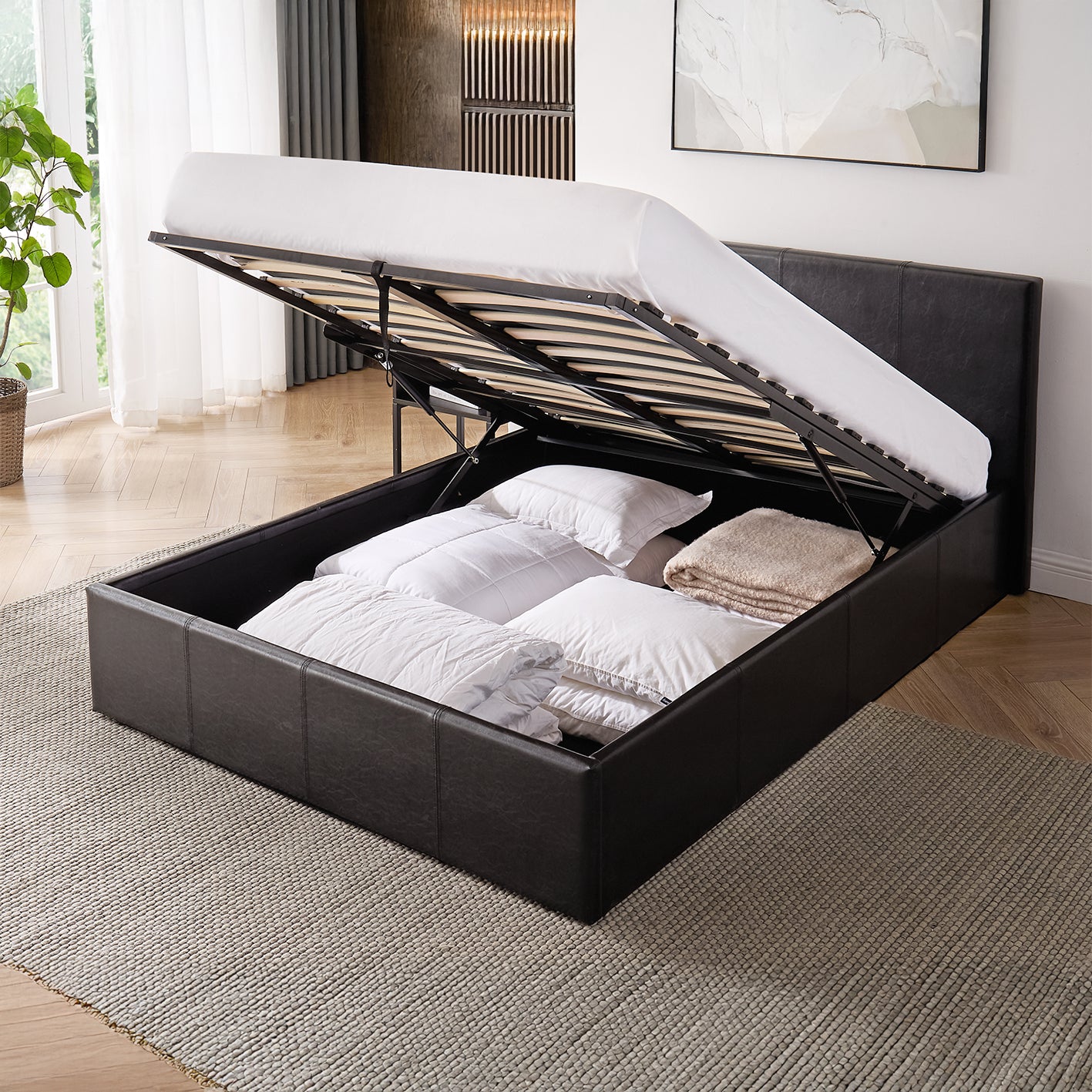 LUNA Faux Leather Gas Lift Ottoman Storage Bedframe in Black with 4 Size Options