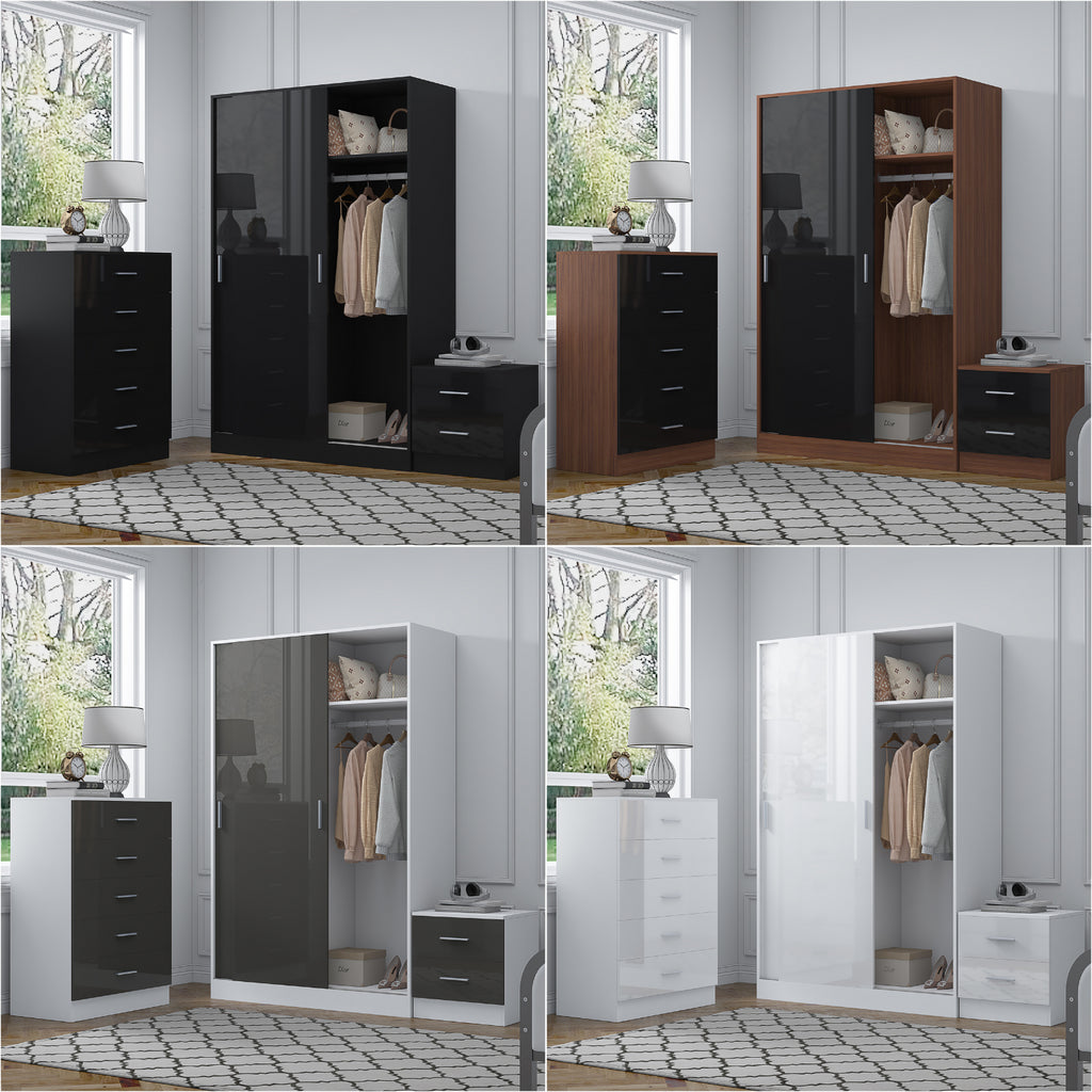 REFLECT Gloss 3pc Set - 2 Door Sliding Wardrobe + 5 Draw Chest + Bedside