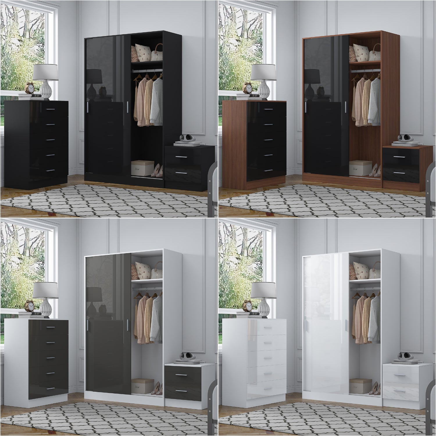 REFLECT Gloss 3pc Set - 2 Door Sliding Wardrobe + 5 Draw Chest + Bedside