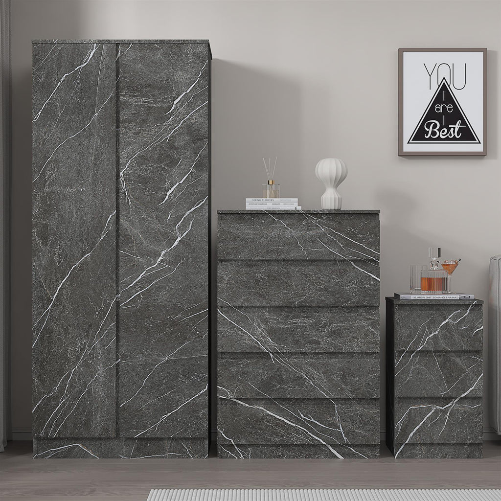 ZITA 3pc Set - 2 Door Wardrobe + Tall Chest + Bedside in White OR Grey Marble
