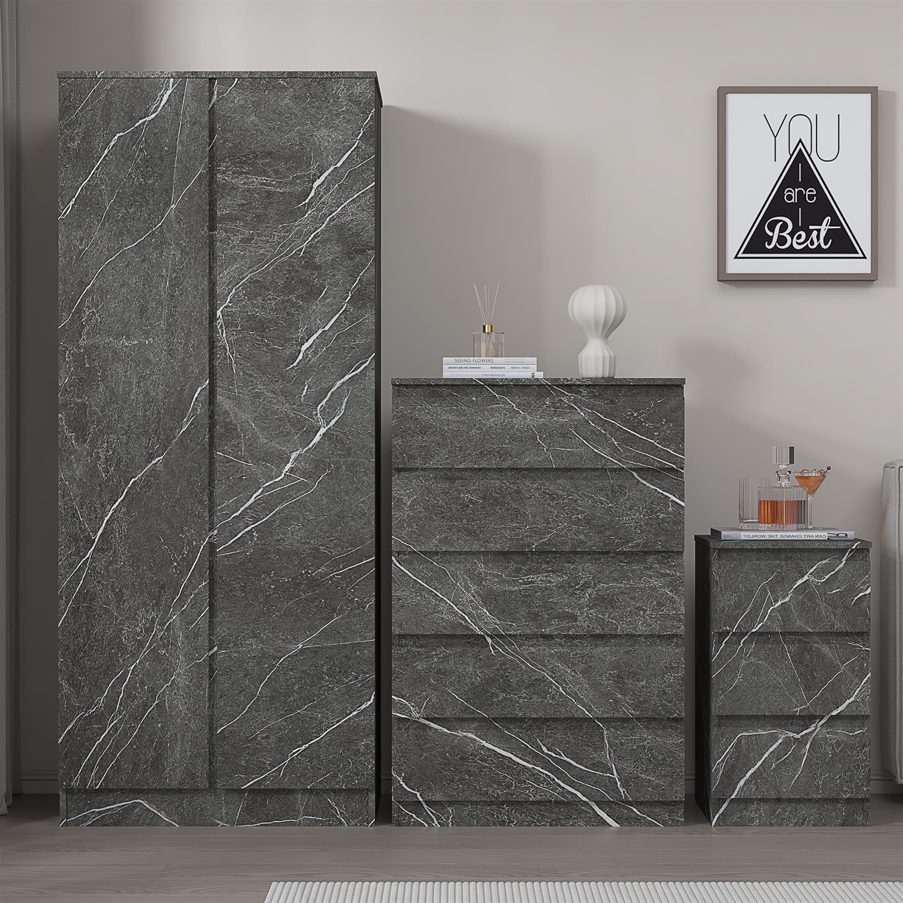 ZITA 3pc Set - 2 Door Wardrobe + Tall Chest + Bedside in White OR Grey Marble