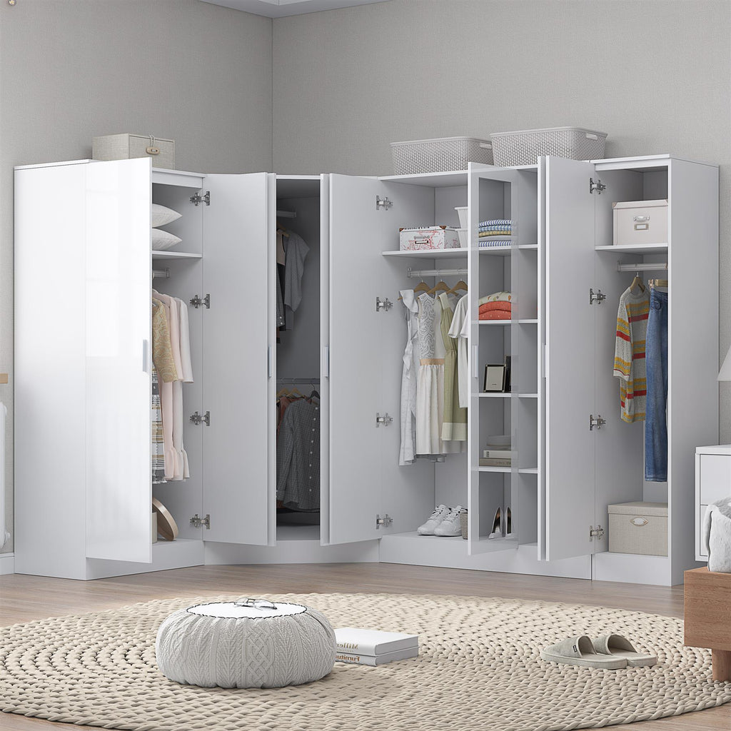 Reflect 4pc Wardrobe Bundle - 2 Door Corner + 3 Door Mirror + 2dr + 1dr Plain - White Gloss & Matt White
