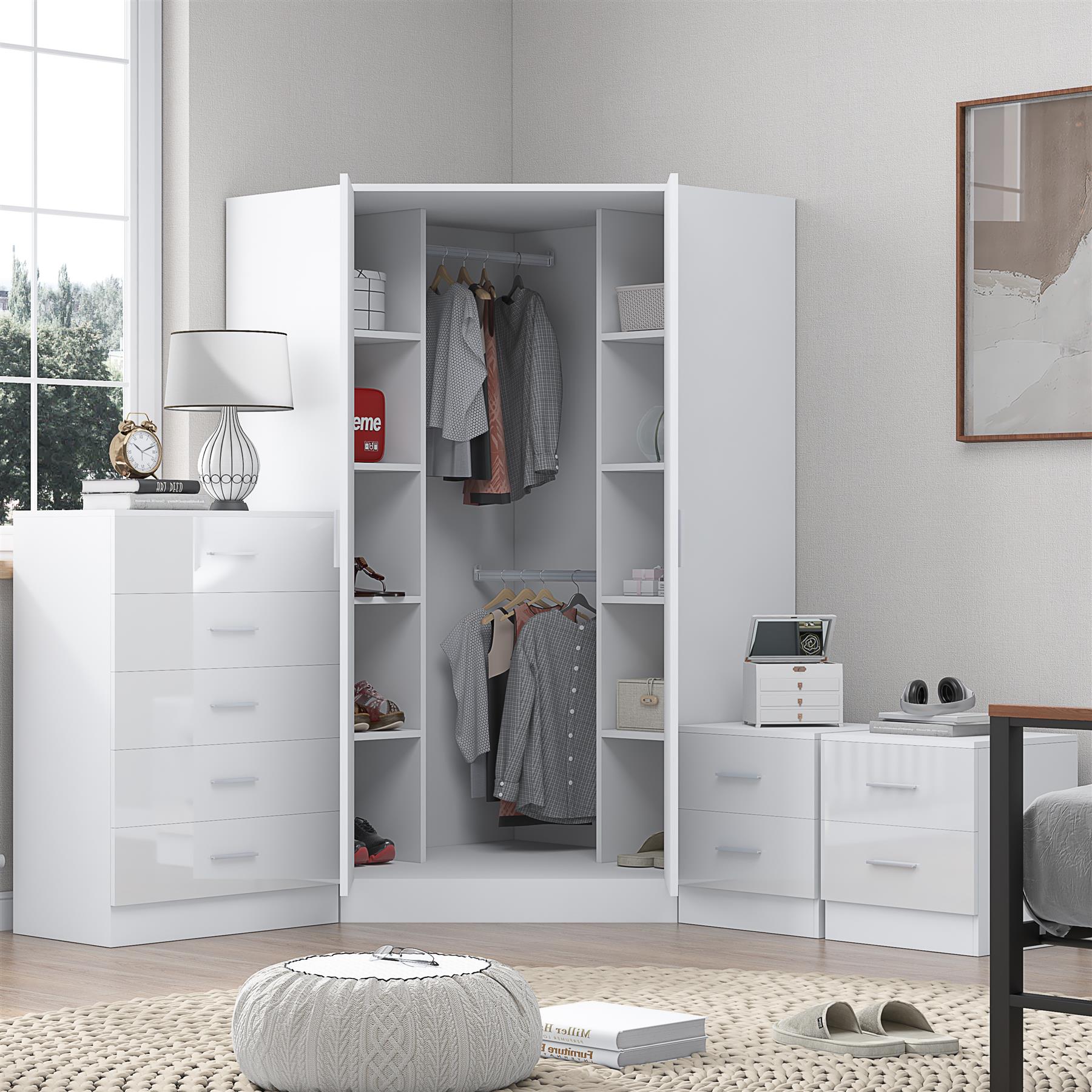 Reflect 2 Door Corner Wardrobe, 5 Drawer Chest, 2x 2 Drawer Bedsides - White Gloss & Matt White - Bedroom Furniture Set