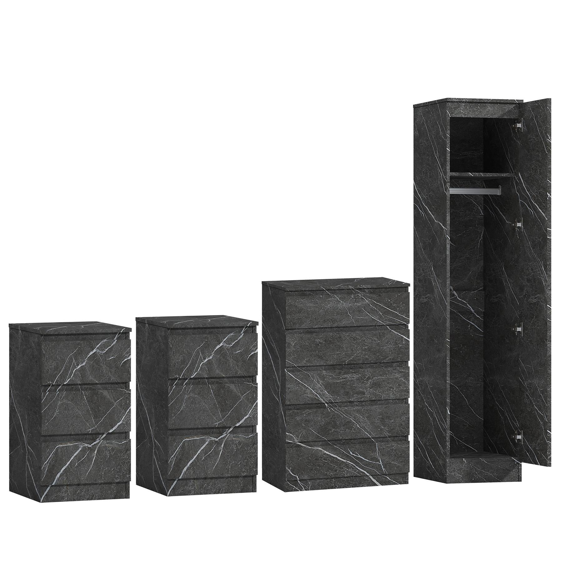 ZITA 4pc Grey Marble Effect Bedroom Set - 1-Door Wardrobe, Tall Chest & 2 Bedside Tables, Stylish Modern Storage Furniture