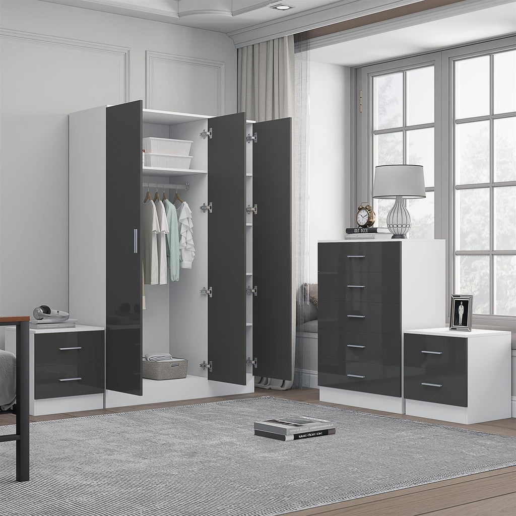 REFLECT Gloss 4pc Bedroom Set - 3 Door Wardrobe + 5 Draw Chest + 2 Bedsides