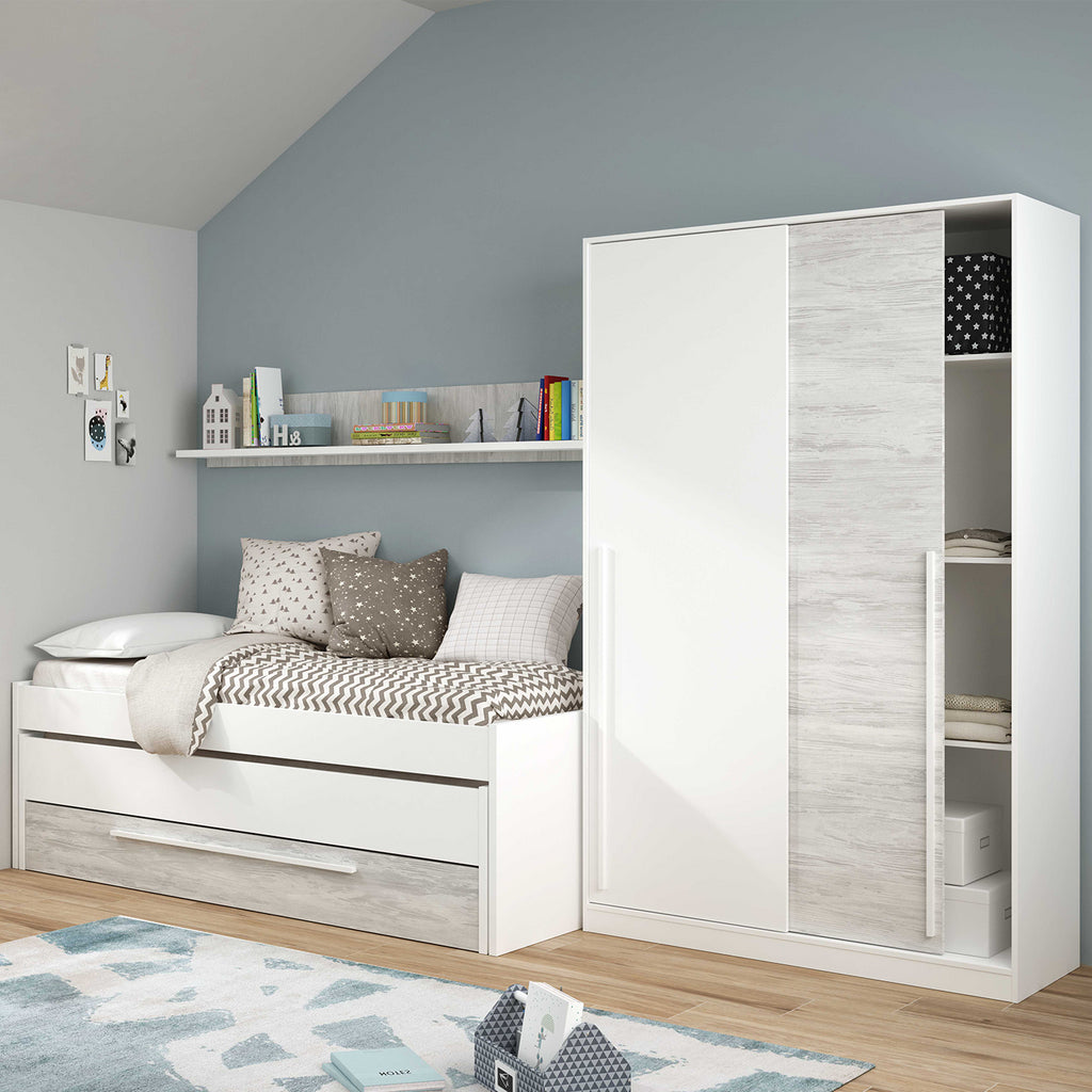 TOP 2 Door Large Modern Sliding Bedroom Wardrobe - White & Light Oak Finish - H: 200cm x W: 120cm x D: 50cm.