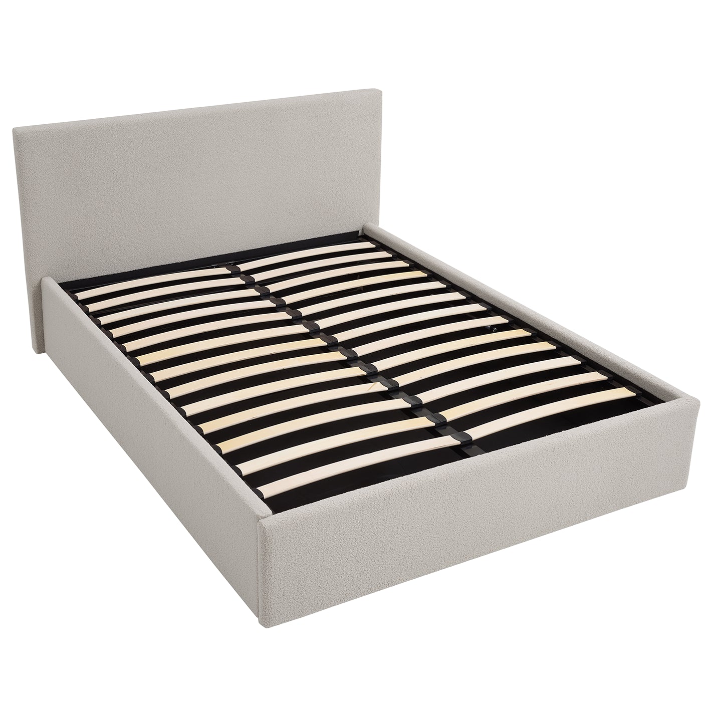 TEDDY BOUCLE 4FT Small Double Beige Ottoman Storage Bed Gas Lift Up - (L) 203cm x (W) 138cm with 20cm Memory Foam Mattress