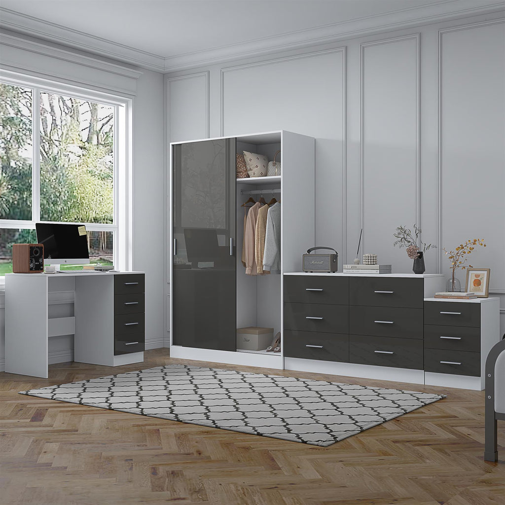 REFLECT Gloss 4pc Set - 2 Door Sliding Wardrobe + Wide Chest + Bedside + Desk