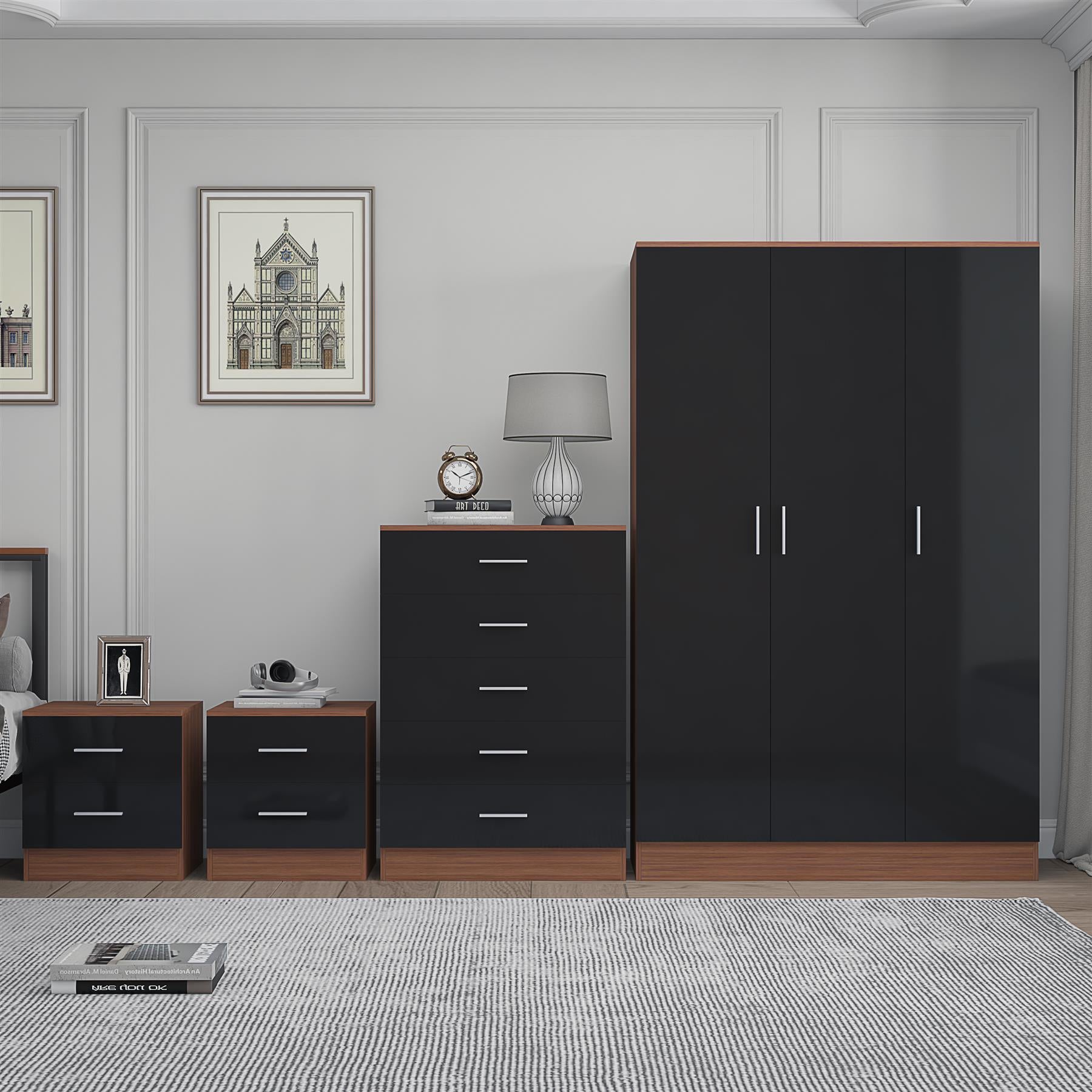 REFLECT Gloss 4pc Bedroom Set - 3 Door Wardrobe + 5 Draw Chest + 2 Bedsides