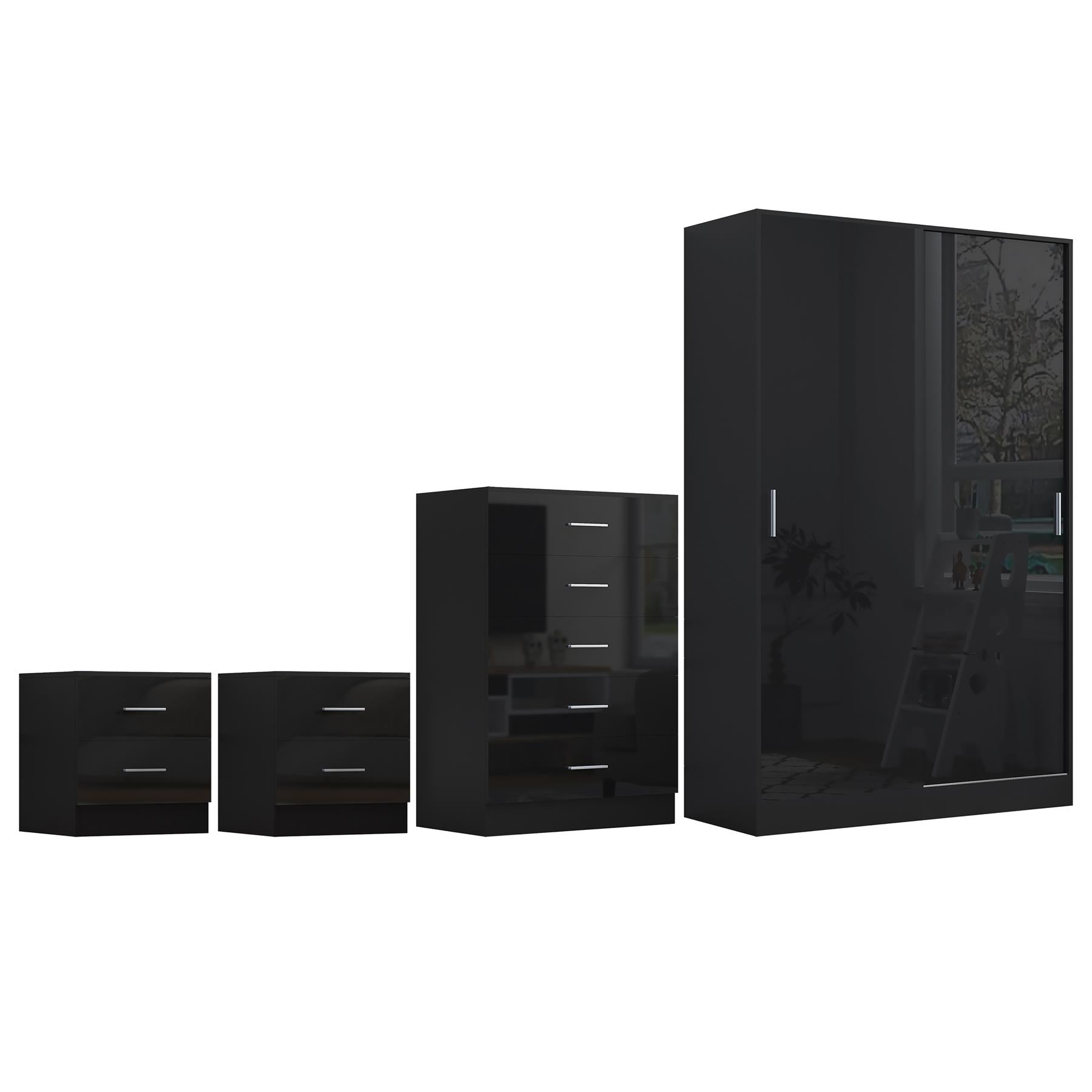 Reflect 2 Door Sliding Wardrobe, 5 Drawer Chest, 2x 2 Drawer Bedsides - Black Gloss & Black Oak - Modern Bedroom Furniture Set