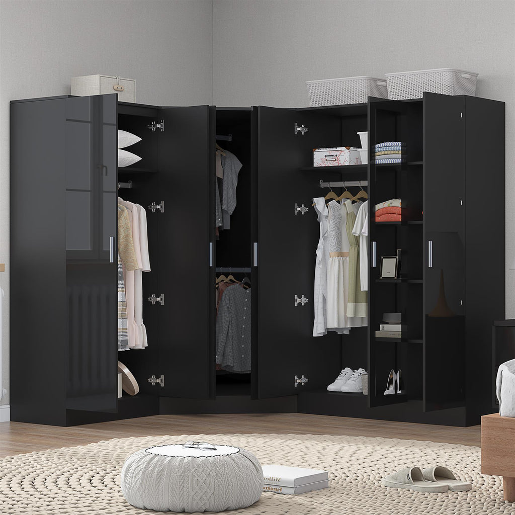 Reflect 3pc Wardrobe Bundle - 2 Door Corner + 3 Door Mirror + 2 Door Plain - Black Gloss & Black Oak
