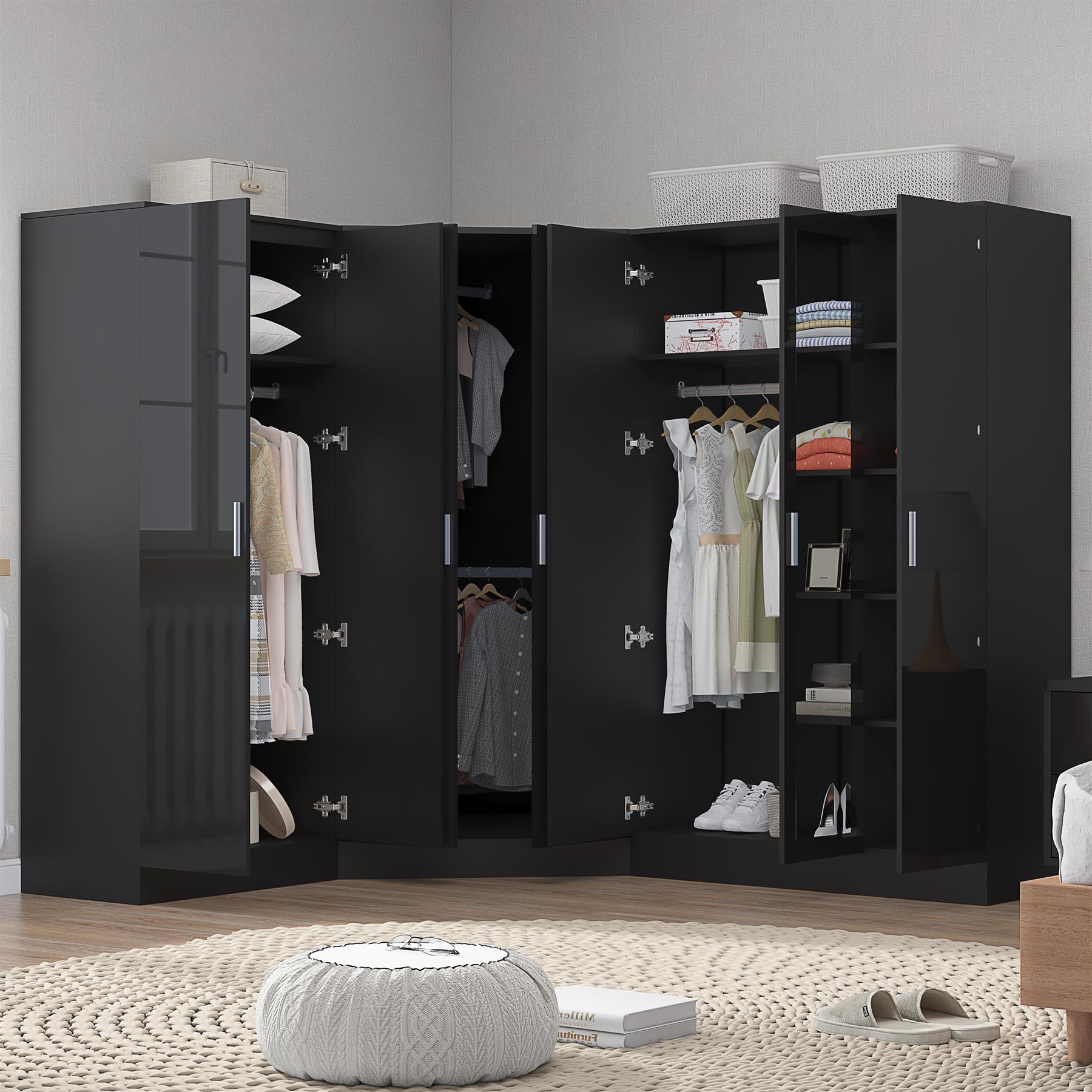 Reflect 3pc Wardrobe Bundle - 2 Door Corner + 3 Door Mirror + 2 Door Plain - Black Gloss & Black Oak