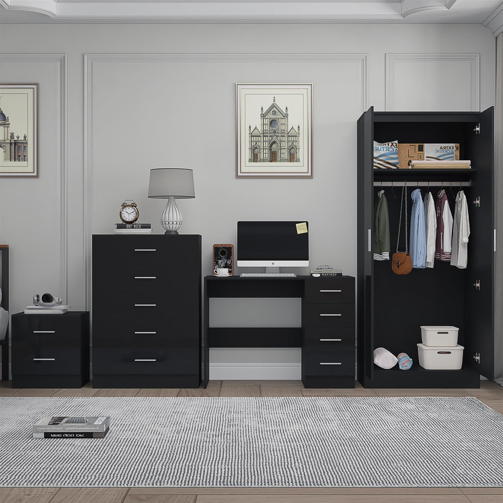 Reflect 2 Door Mirror Wardrobe, 5 Drawer Chest, 2 Drawer Bedside & Desk - Black Gloss & Black Oak - Modern Bedroom Furniture Set