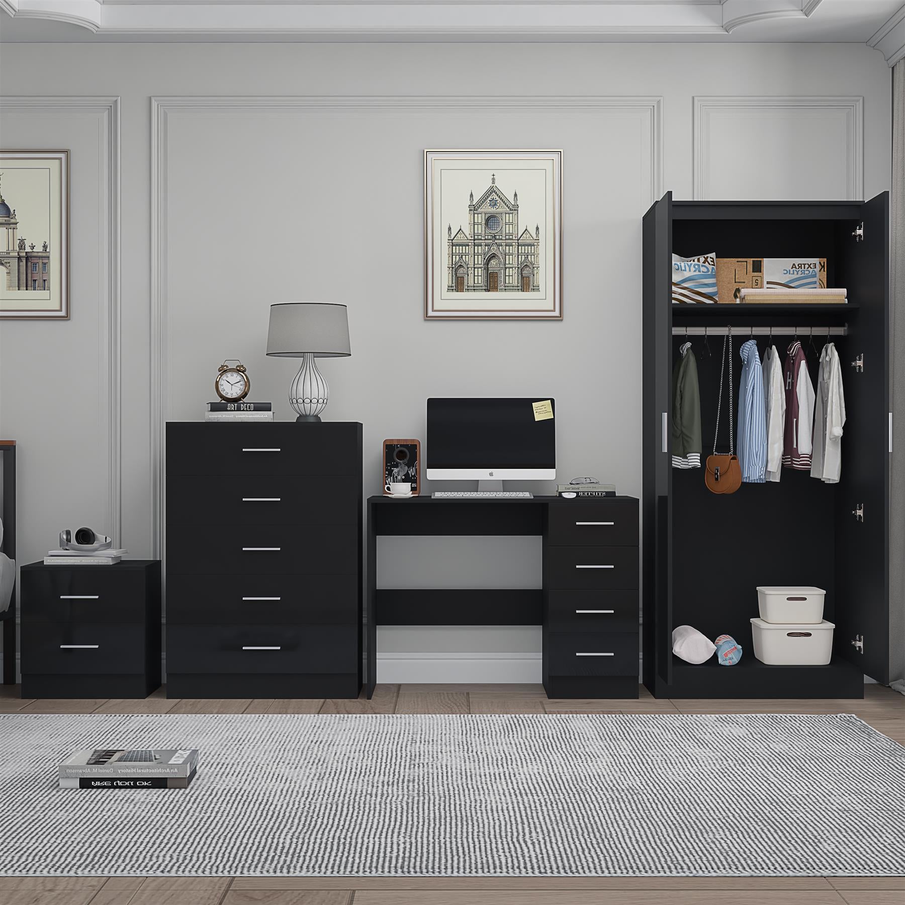 Reflect 2 Door Mirror Wardrobe, 5 Drawer Chest, 2 Drawer Bedside & Desk - Black Gloss & Black Oak - Modern Bedroom Furniture Set