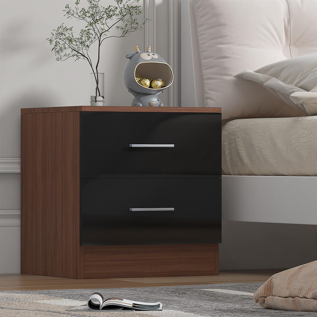 Reflect 2 Drawer Bedside - Black Gloss & Walnut - Modern Nightstand for Bedroom Storage - H: 48.5cm x W: 45cm x D: 39.5cm