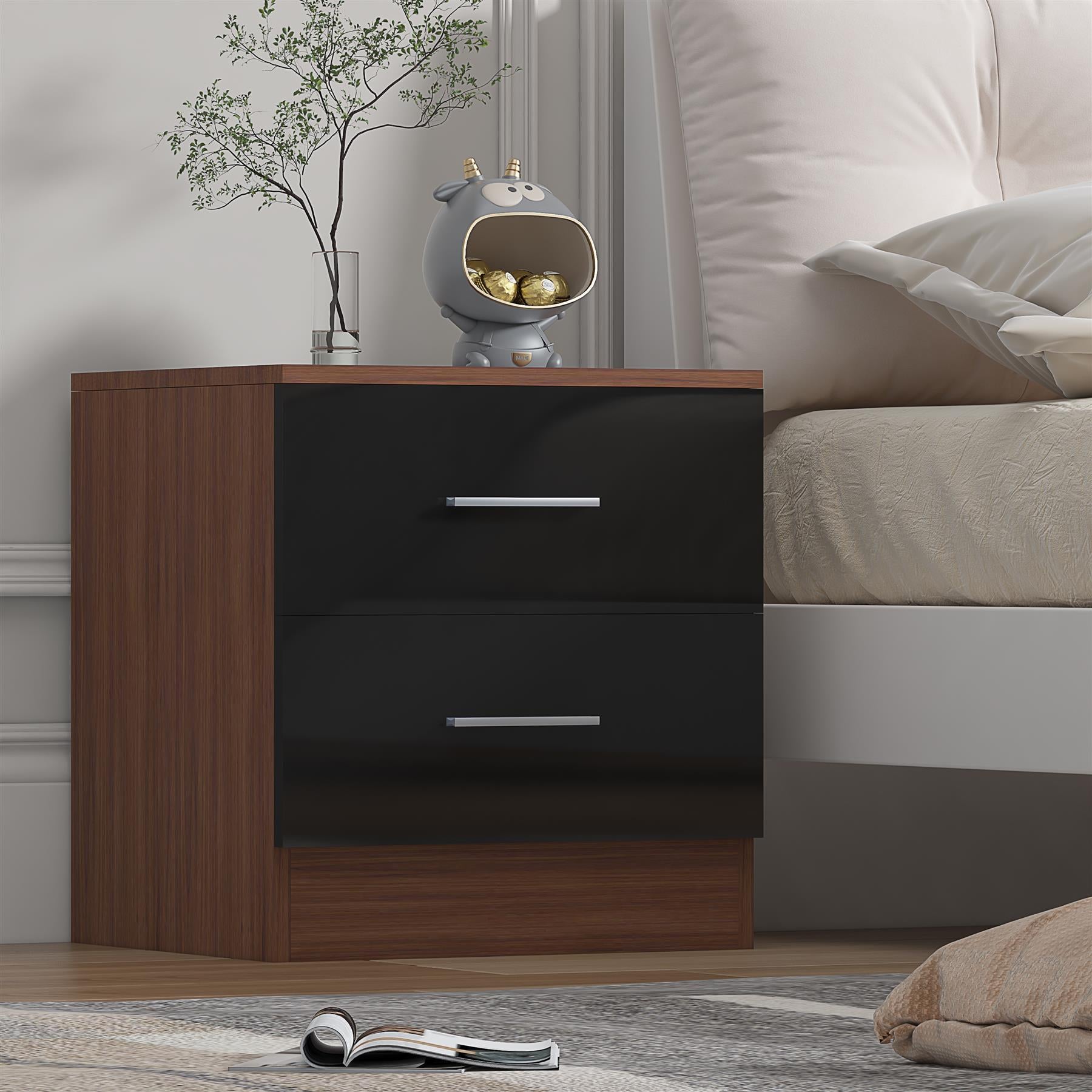 Reflect 2 Drawer Bedside - Black Gloss & Walnut - Modern Nightstand for Bedroom Storage - H: 48.5cm x W: 45cm x D: 39.5cm
