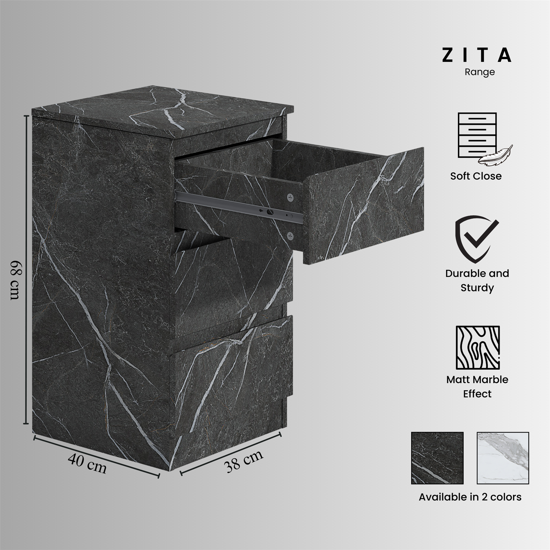 ZITA Bedroom Furniture Range Wardrobe Chest Bedside in Grey Marble Effect