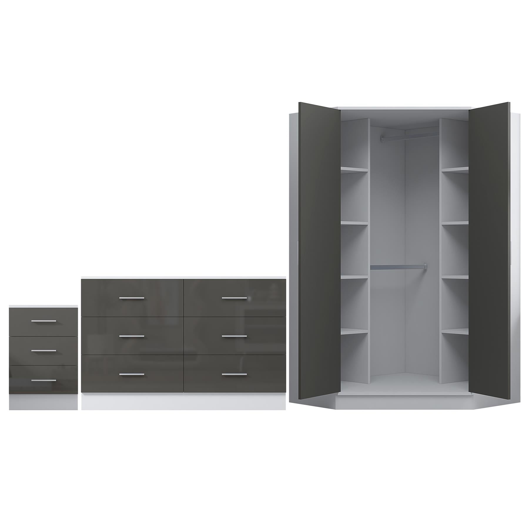 REFLECT - 2 Door CORNER + 6 Drawer Chest + 3 Drawer Bedside - Gloss Grey / Matt White
