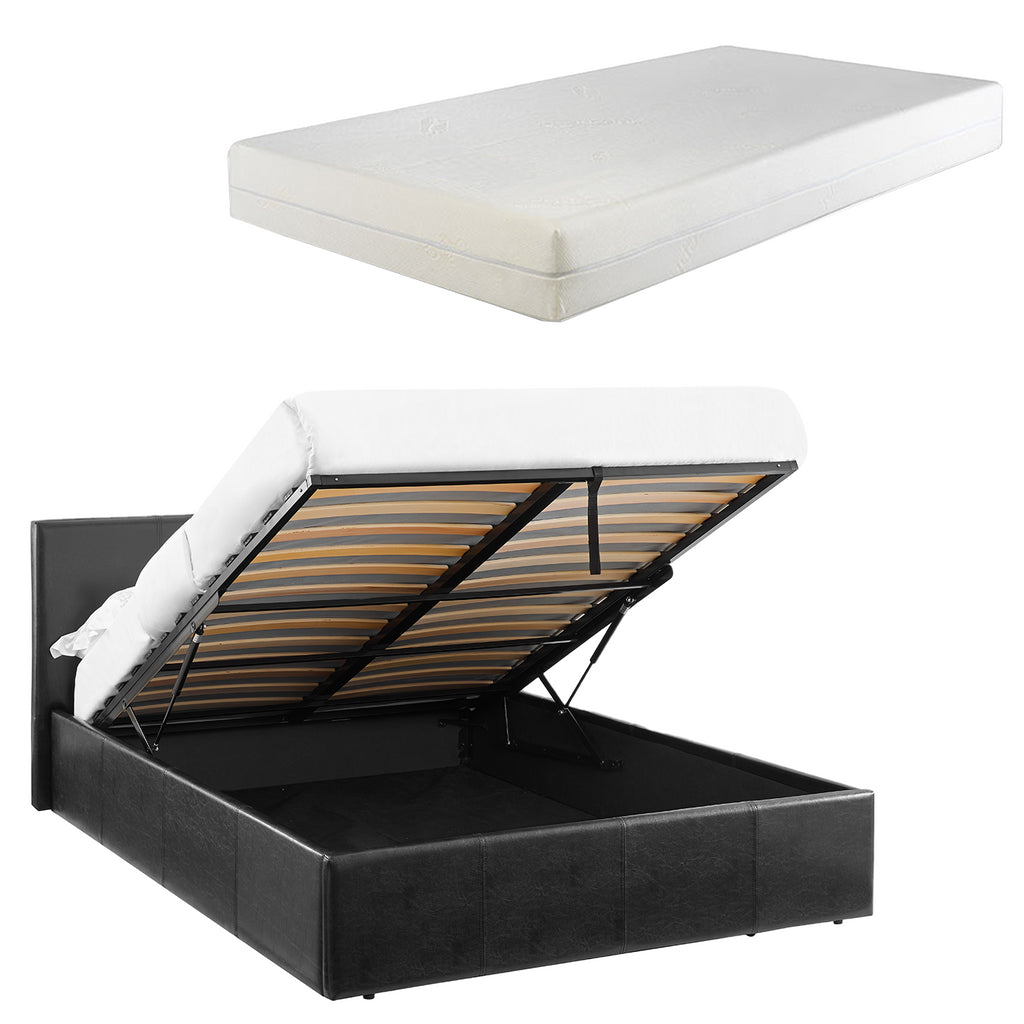LUNA 4FT Small Double Black Ottoman Storage Bed with Gas Lift & 25cm Thick Memory Foam Mattress - L: 203cm x W: 138cm x H: 88.5cm