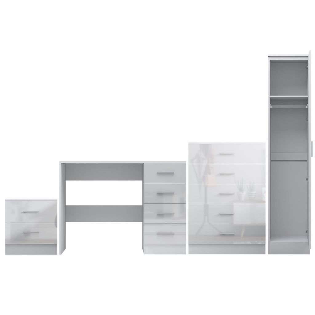 Reflect 1 Door Plain Wardrobe, 5 Drawer Chest, 2 Drawer Bedside & Desk - White Gloss & Matt White - Bedroom Furniture Set