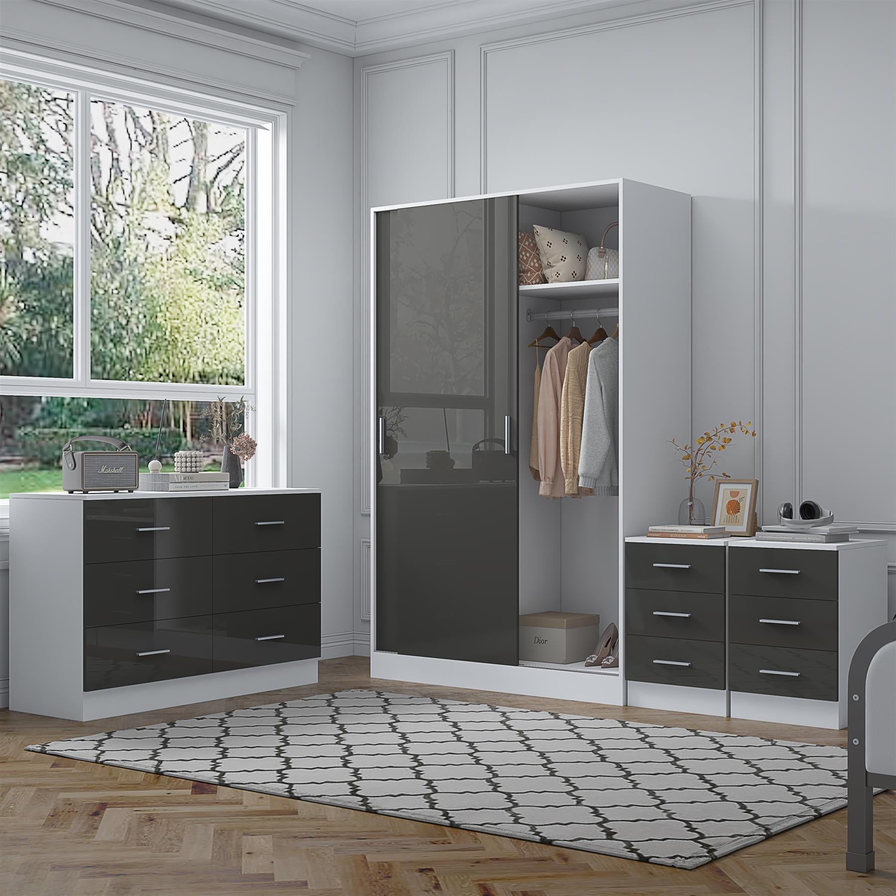 Reflect 2 Door Sliding Wardrobe, 6 Drawer Wide Chest, 2x3 Drawer Bedsides - Grey Gloss & Matt White - Modern Bedroom Furniture Set