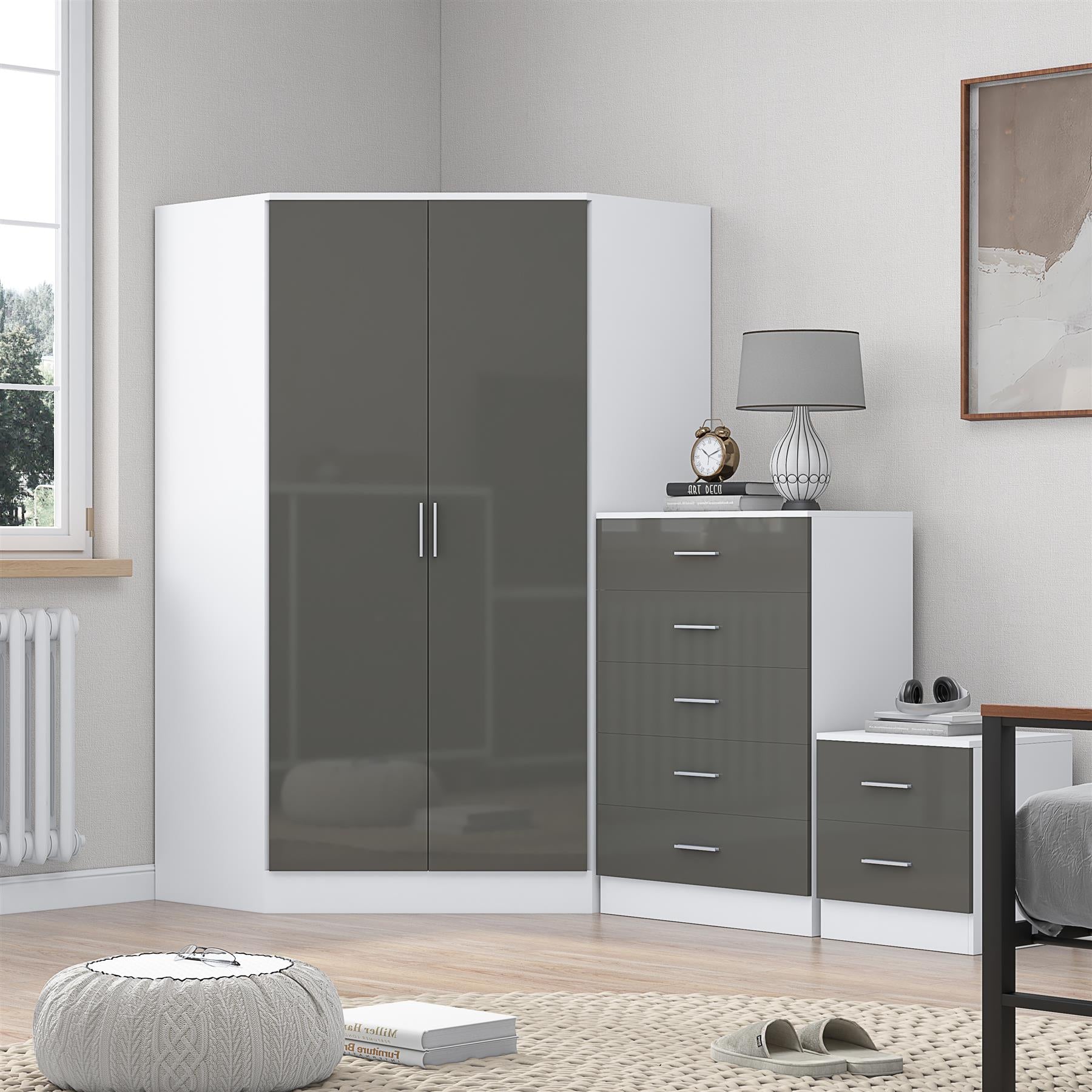 REFLECT Gloss 4pc Set - 2 Door Corner Wardrobe + 5 Draw Chest + Bedside