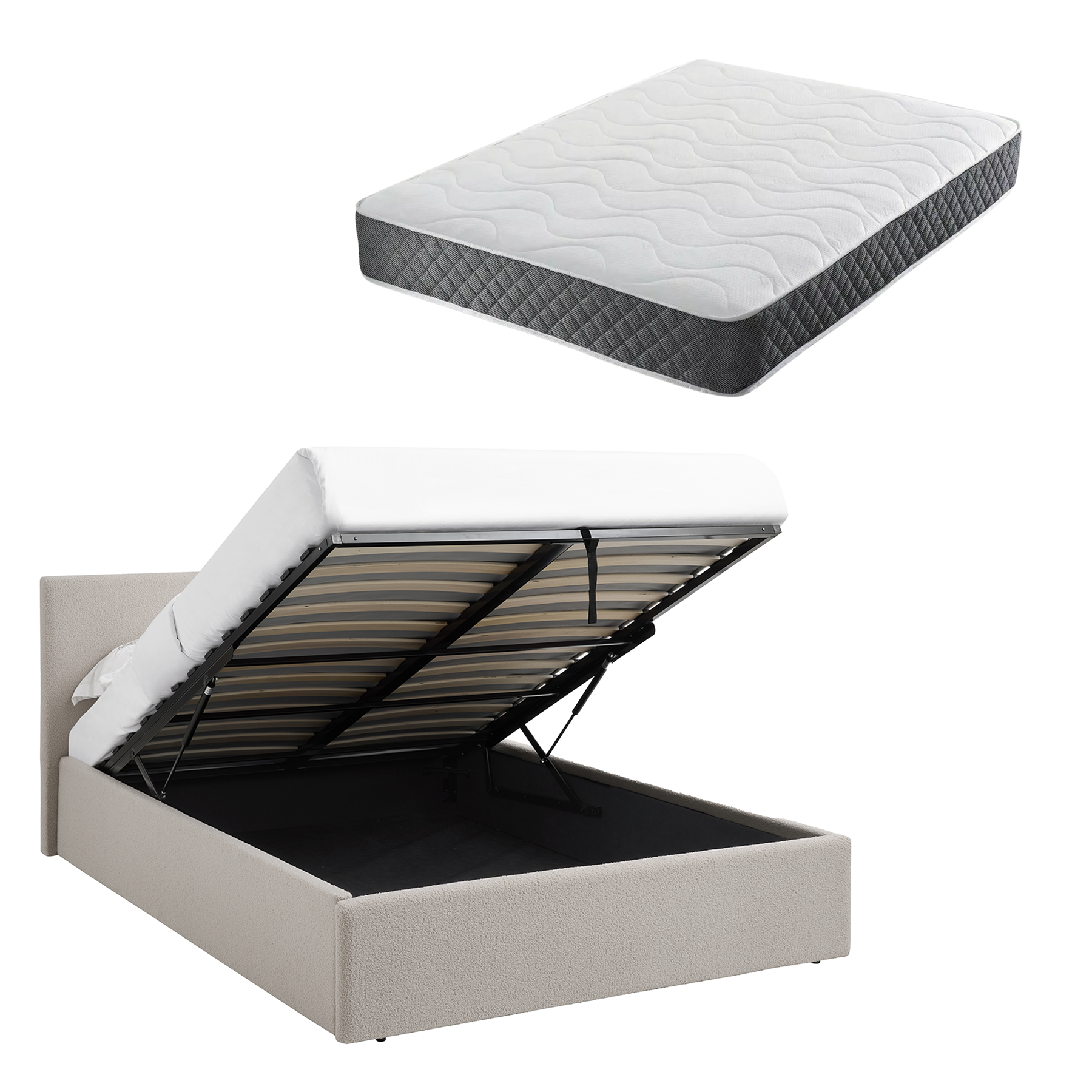 TEDDY BOUCLE 4FT6 Double Beige Ottoman Storage Bed Gas Lift Up with Memory Foam & Spring Mattress