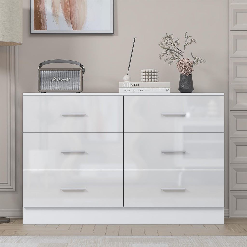 Reflect Wide 6 Drawer Chest - White Gloss & Matt White - Modern Bedroom Storage Unit with Drawers - H: 75cm x W: 112cm x D: 40cm