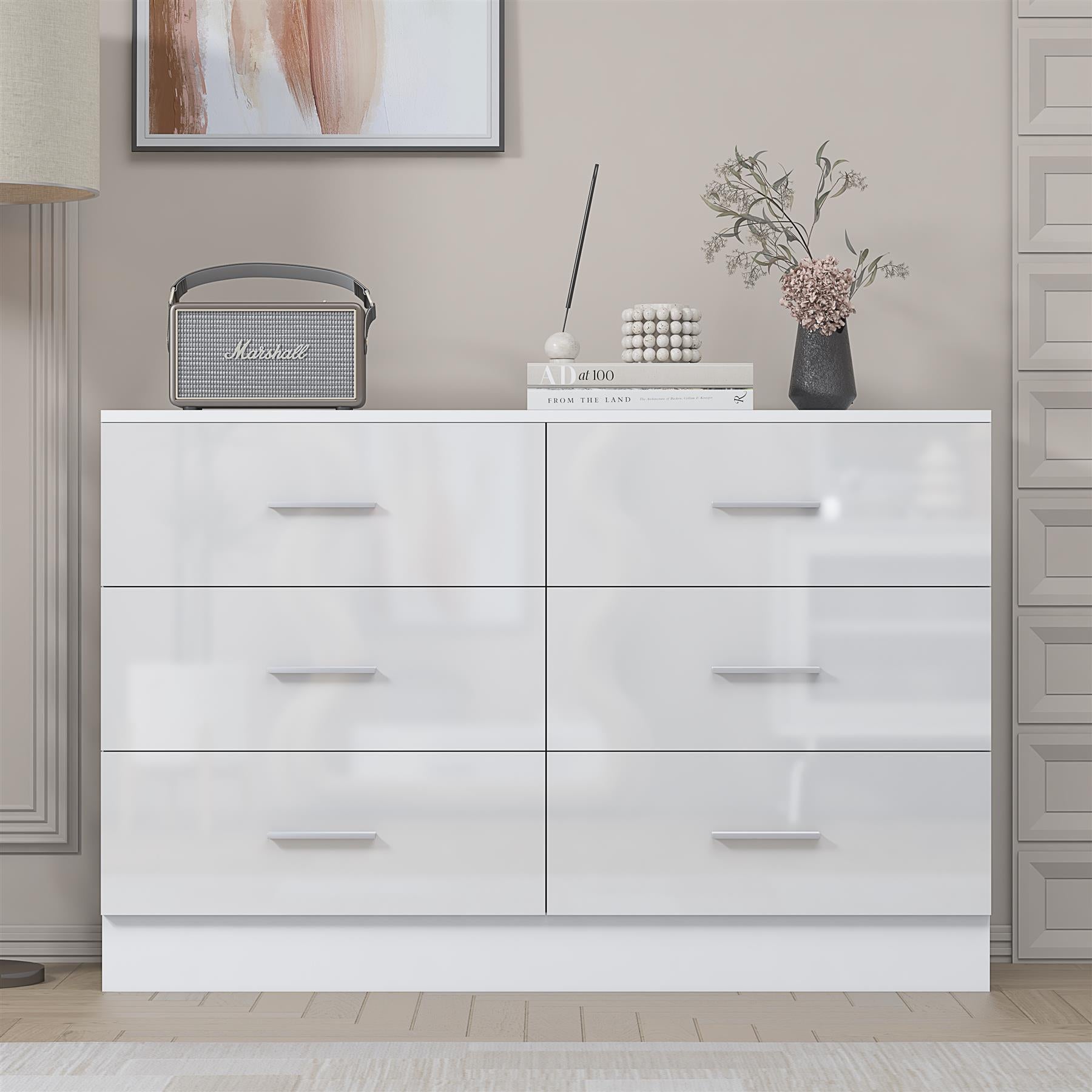 Reflect Wide 6 Drawer Chest - White Gloss & Matt White - Modern Bedroom Storage Unit with Drawers - H: 75cm x W: 112cm x D: 40cm