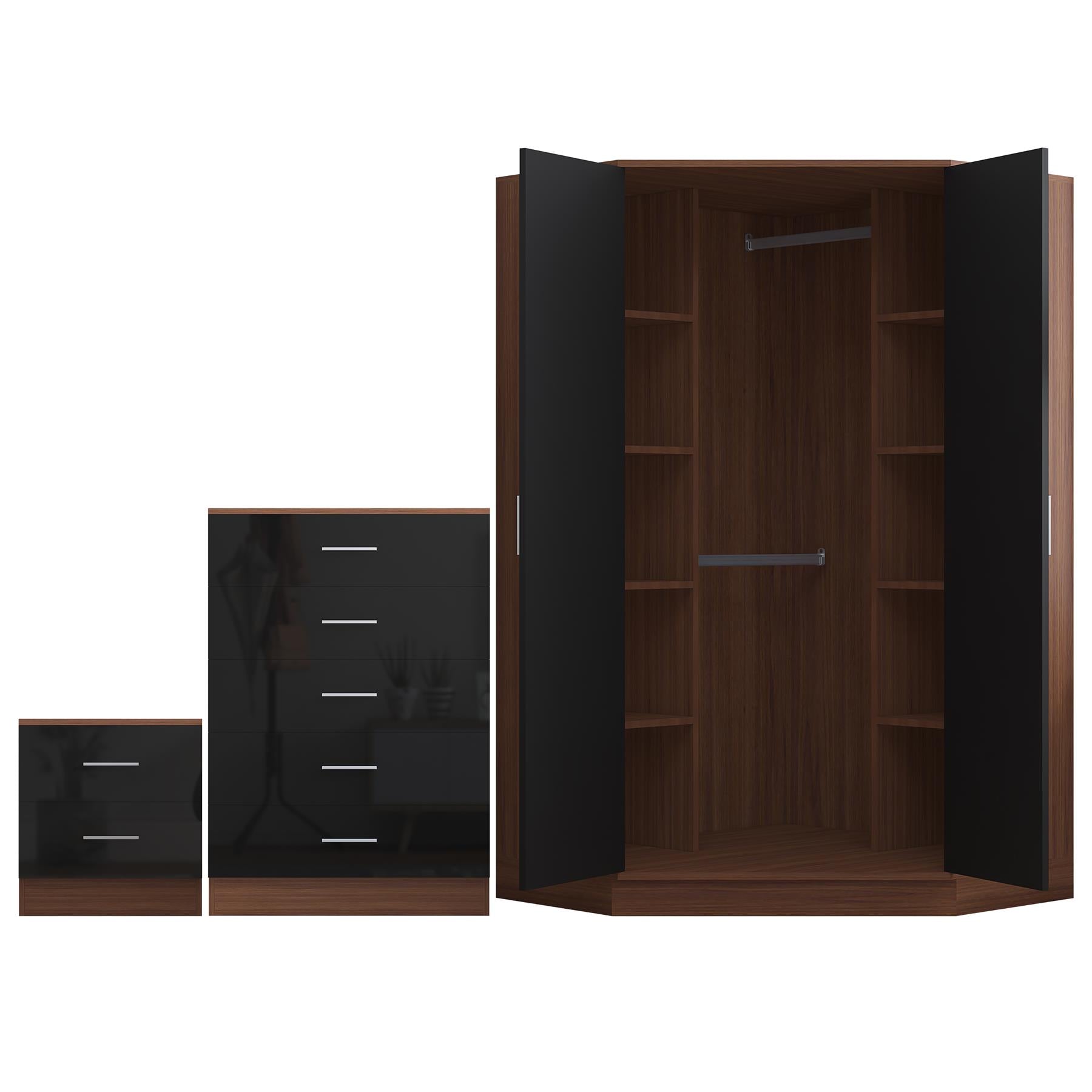 REFLECT Gloss 4pc Set - 2 Door Corner Wardrobe + 5 Draw Chest + Bedside