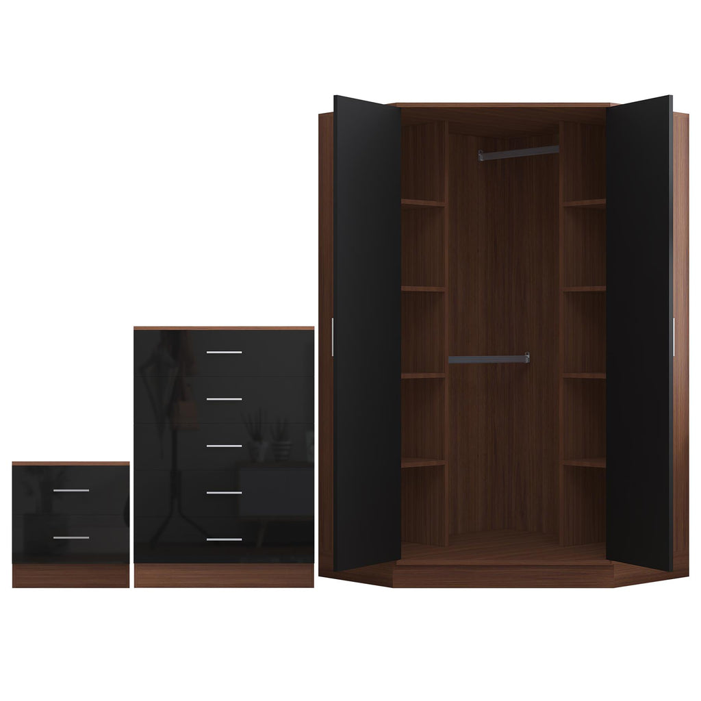 Reflect 2 Door Corner Wardrobe, 5 Drawer Chest, 2 Drawer Bedside - Black Gloss & Walnut - Bedroom Furniture Set